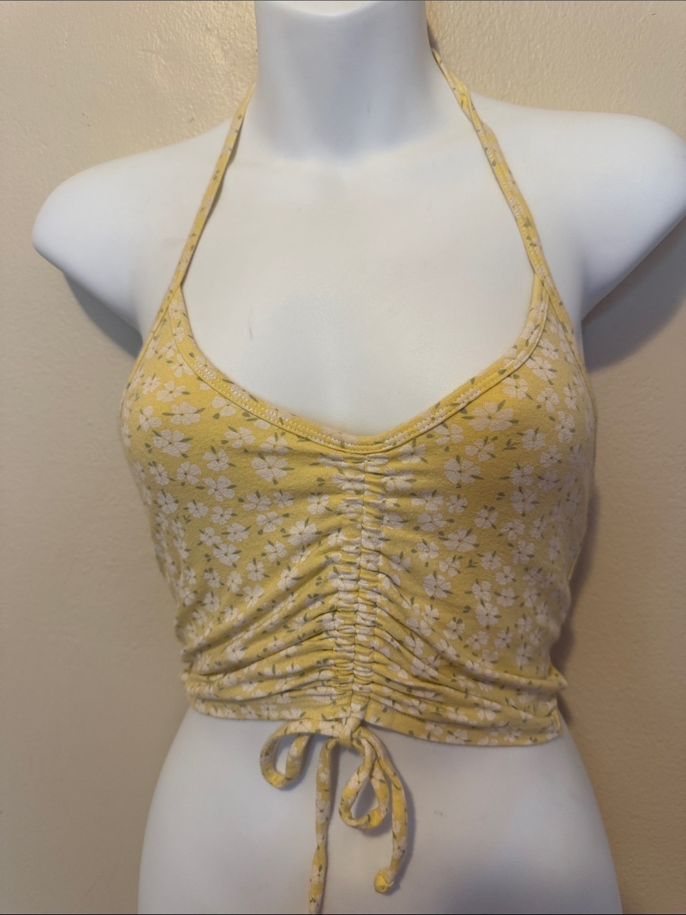 Hollister Yellow Floral Halter Ruched Drawstring Crop Top
